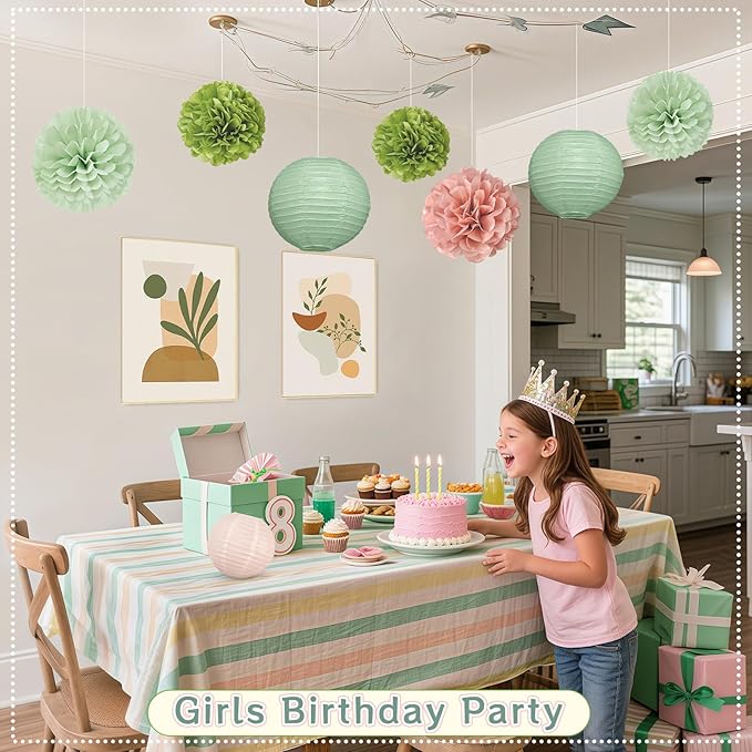 15Pcs Sage Green Party Decorations, Hanging Paper Lanterns Paper Fans Tissue - Image 5