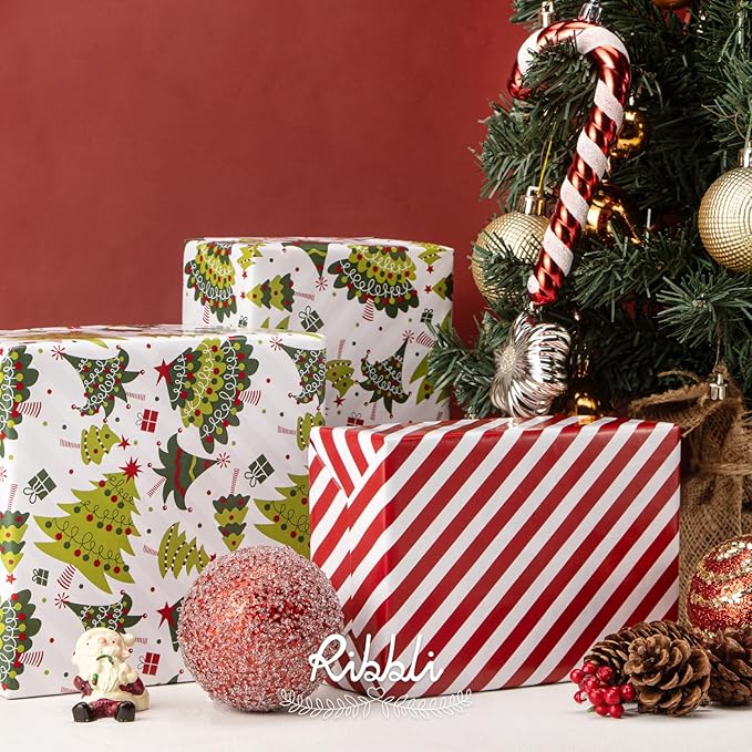 Ribbli Christmas Wrapping Paper Reversible Christmas Tree and Red White Stripe - Image 3