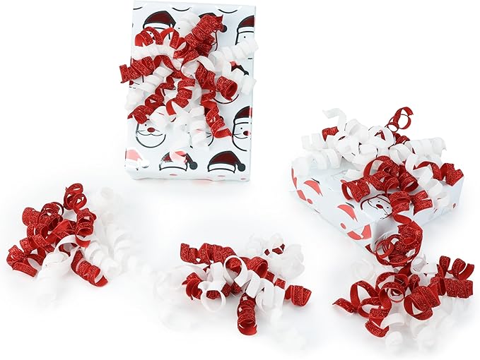 6" Metallic Glitter Red and White Self Adhesive Curly Ribbon Gift Wrap Bows - Image 3