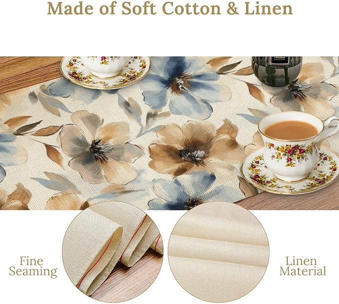 Poppy Floral Table Runner, Watercolor Brown Blue Flowers Blossom Summer Nature - Image 4