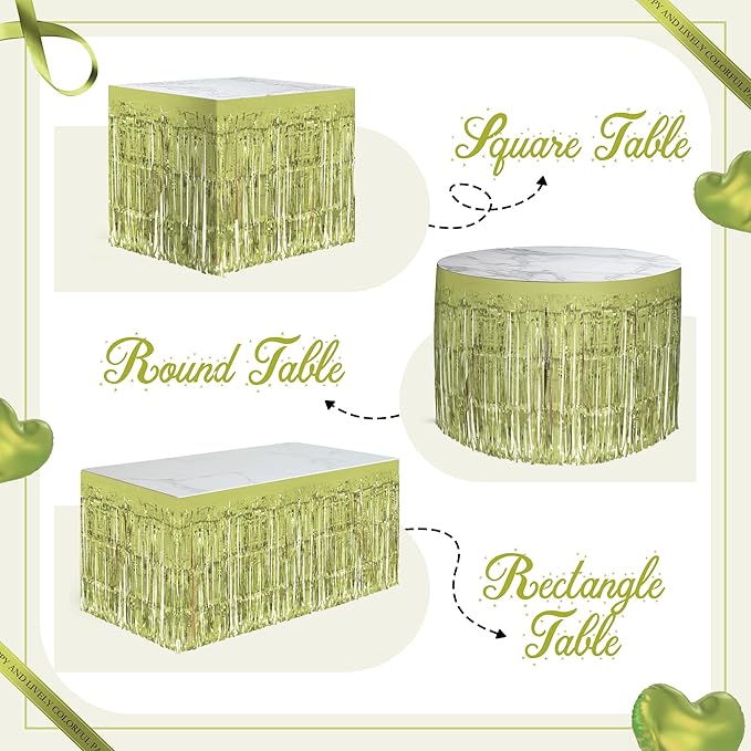 2 Pack Lime Green Table Skirts, 29x108" Metallic Foil Tinsel Fringe Table Skirt - Image 4