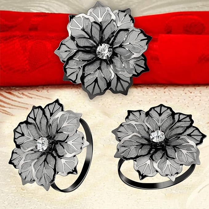 KPOSIYA Flower Napkin Rings Holder Metal Black Napkin Rings Set of 6 - Image 7