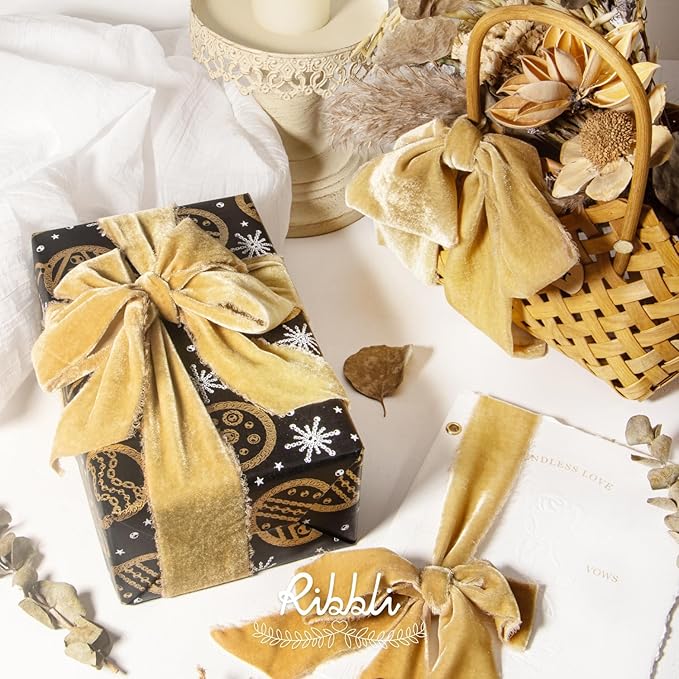 Ribbli Champagne Gold Velvet Ribbon 1.5 Inch Handmade Frayed Vintage Christmas - Image 4