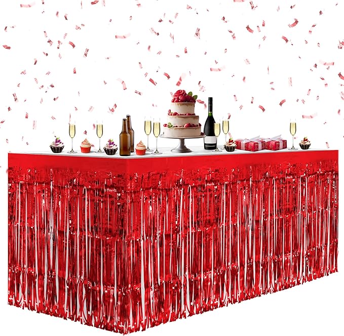 2 Pack Red Table Skirts, 29x108" Metallic Foil Tinsel Fringe Table Skirts by Unknown