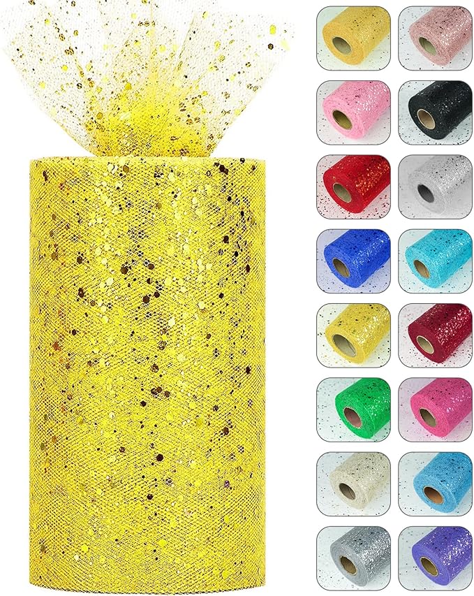 Glitter Tulle Rolls, 6” by 50 Yards Sparkling Tulle Spool Ribbon Sequin Tulle by Miegecha