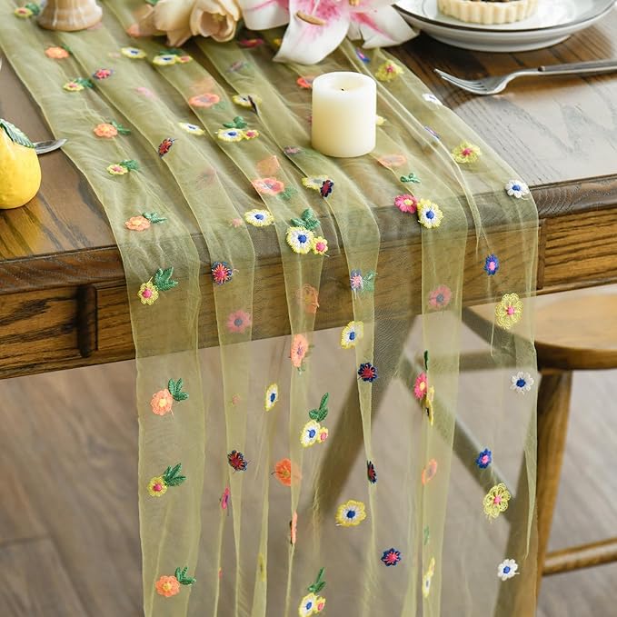 Artoid Mode Green Embroidery Daisy Gauze Table Runner 120 Inch 10FT, Seasonal by ArtoidMode