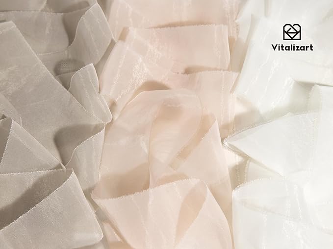 Vitalizart Organza Ribbon Frayed Sheer Organza White Pink Grey Set 1.5" Silk - Image 3
