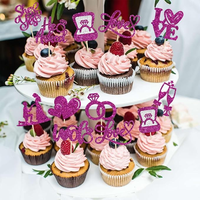 Ephlyn 30Pcs He Asked She Said Yes Cupcake Toppers Glitter Engagement Cupcake - Image 4