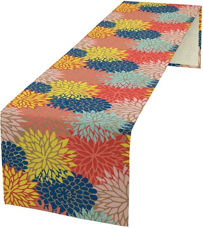 Dahlia Flowers Table Runner Colorful Floral Teal Grey Pink Yellow Blue Abstract - Image 2