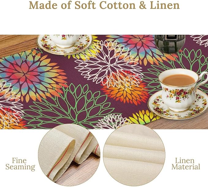 Brown Dahlia Flower Table Runner, Linen Geometric Pattern Floral Table Decor - Image 7