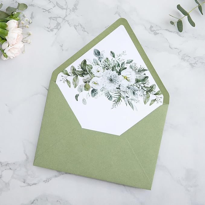 PONATIA 50PCS A7 Euro Flap Envelopes, 5.25 x 7.25'' Sage Green Flowers Liner - Image 5