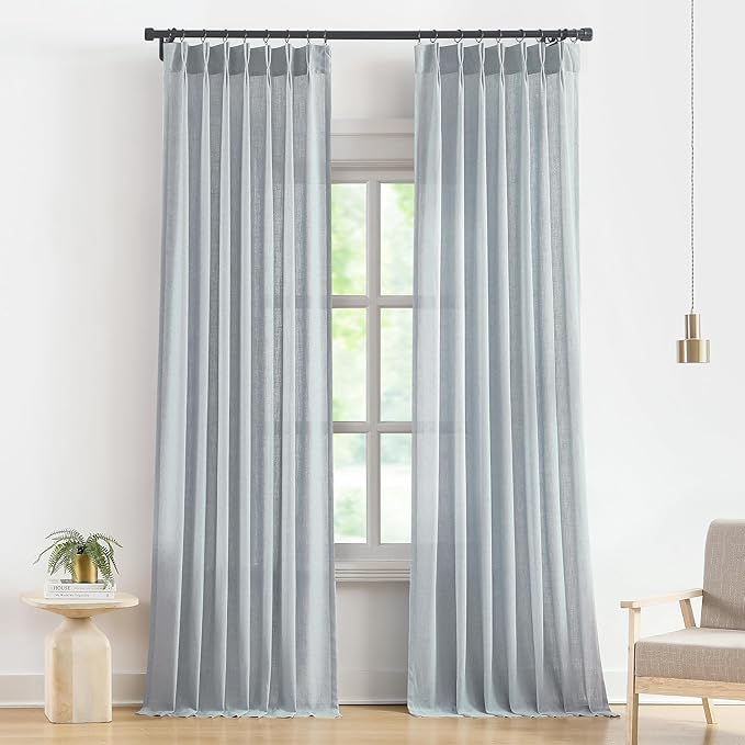 Vision Home Blue Grey Pinch Pleated Semi Sheer Curtains Textured Linen Blended by VisionHome