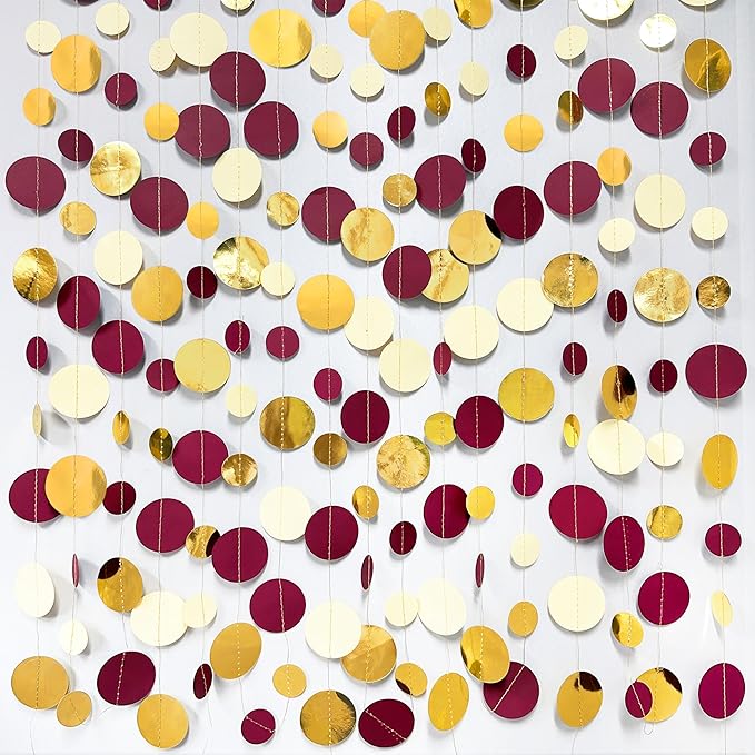46 Ft Maroon Gold Party Decorations Burgundy Gold Beige Polka Dot Garland - Image 3