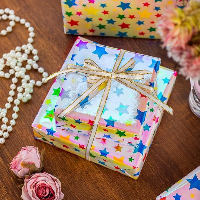 Burymento Holographic Pink Star Gift Wrapping Paper - Image 5