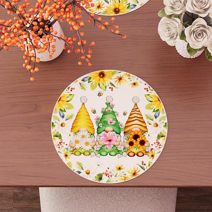 XCHI Daisies Flowers Gnomes Spring Round Placemats Set of 4 Table Mats Summer - Image 3