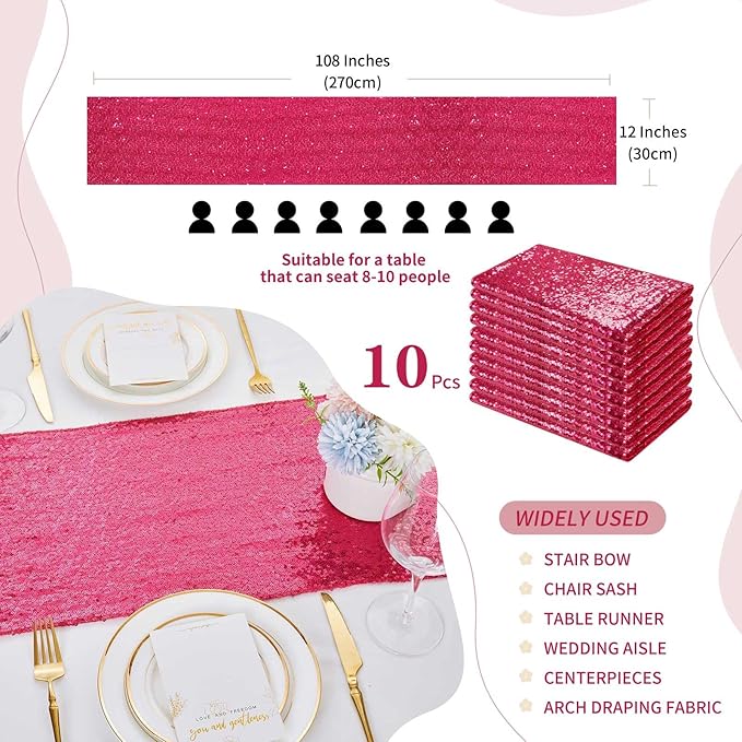 Sequin Table Runner Fuchsia 10 Pcs 12x108 Inches Elegant Wedding Sparkly Fabric - Image 2