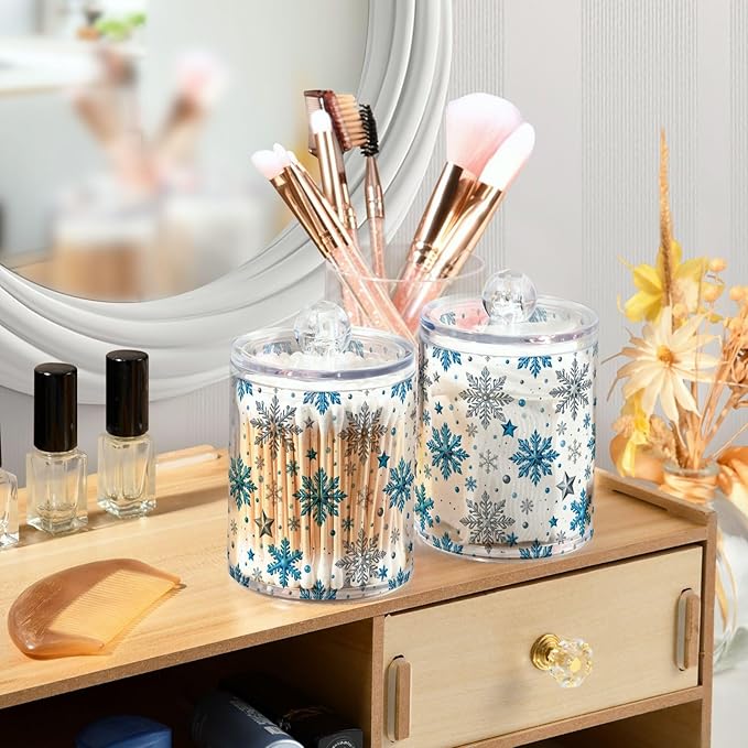 Gredecor Christmas Winter Qtip Holder Dispenser 2 Pack Silver Blue Glitter - Image 5
