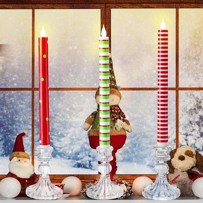 6 Pcs Christmas Flameless Taper Candles 10.6 Inch Red Green and White Striped - Image 5
