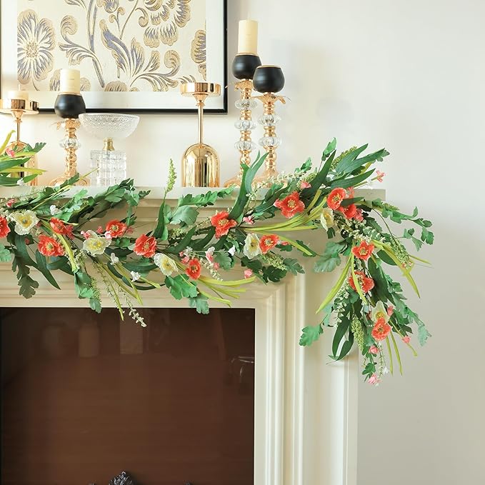 Mizii Red Artificial Flower Garland 6FT Fake Poppy Floral Garland Hanging Vines - Image 4
