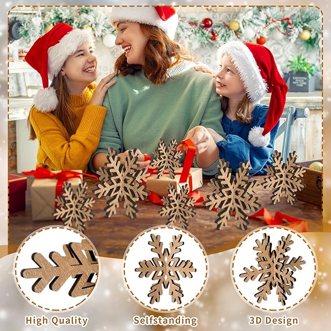Bucherry 12 Pcs Wooden Snowflake Table Decor 3D Snowflake Tabletop Signs and - Image 4