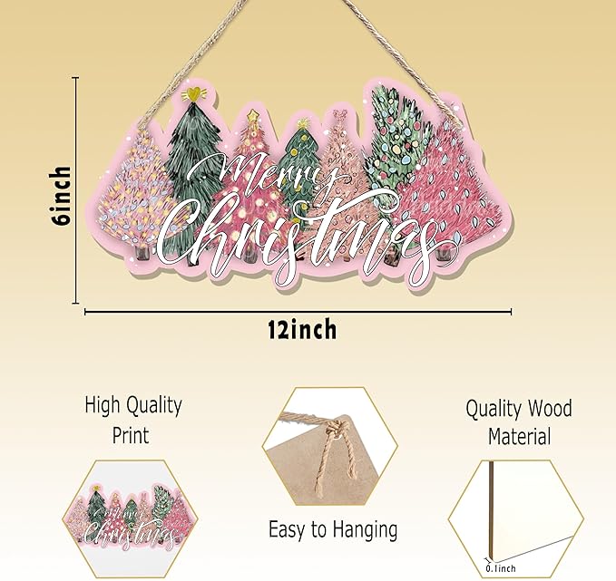 CGBHW Pink and Green Christmas Tree Wooden Sign, Merry Christmas Decoration - Image 7
