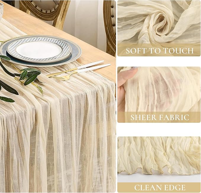 10ft Cream Beige Cheese Cloth Table Runner, 35x120 Inches Ivory Gauze Table - Image 2