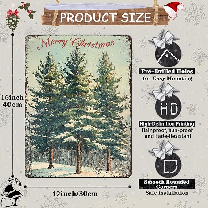 Vintage Christmas Decor Sign Christmas Tree Metal Tin Sign Merry Christmas - Image 2