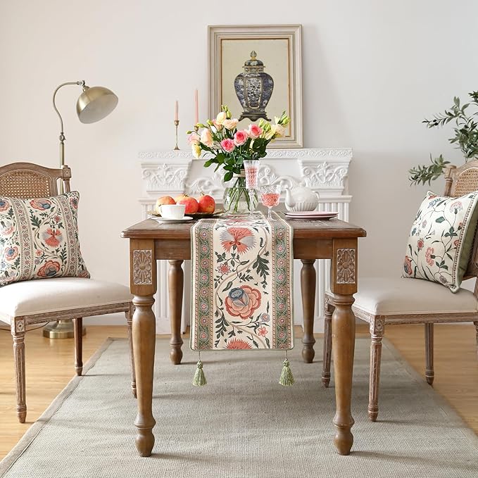 ISAENNE Designer Vintage Linen Table Runner 87 Inches Long, Elegant Floral - Image 3