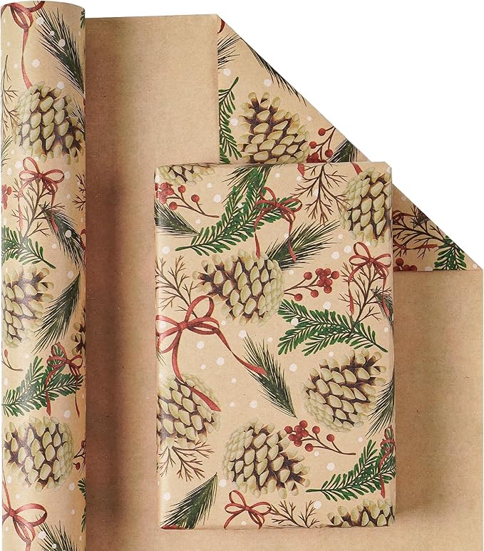 RUSPEPA Kraft Christmas Wrapping Paper Roll, Mini Roll, Pinecone and Greenery - Image 2