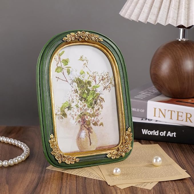 Cuspin Vintage 5x7 Picture Frame, Ornate Gold Green Arch Frames Resin Photo - Image 7