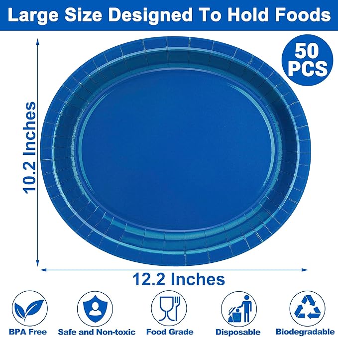 QZYL 50 Count Blue Oval Large Paper Plates, 12.2'' X 10.2'', Bulk Dinner Plates - Image 2