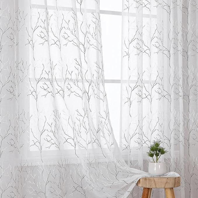 VISIONTEX Sheer Curtains 84 inch Length 2 Panels Set, Decorative Grey Coral by VISIONTEX