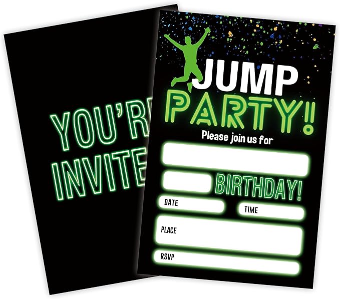 Glow Trampoline Birthday Invitations, Jump Party Invite Cards（20 Count) by GREOXG