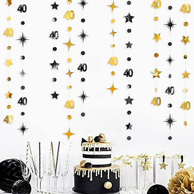 Black Gold 40th Birthday Decorations Number 40 Circle Dot Twinkle Star Garland - Image 3