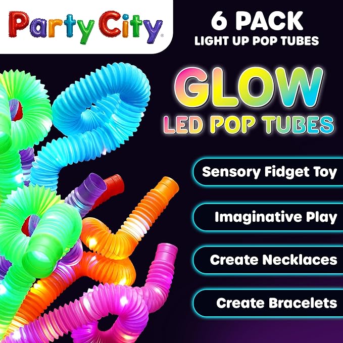 Party City 6pk LED Light Up Pop Tubes 25”- 3 Mode Stretchy Tubes LED Light Up - Image 2