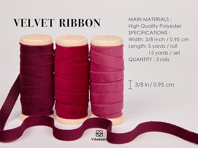 Vitalizart Red Velvet Ribbon Set 3/8" x 15 Yd Burgundy Fabric Trim 3 Rolls * 5 - Image 2