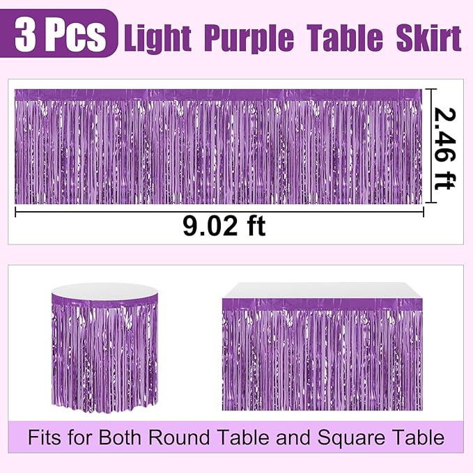3 Pack 29 x108 Inch Light Purple Foil Fringe Table Skirts Metallic Banner - Image 2