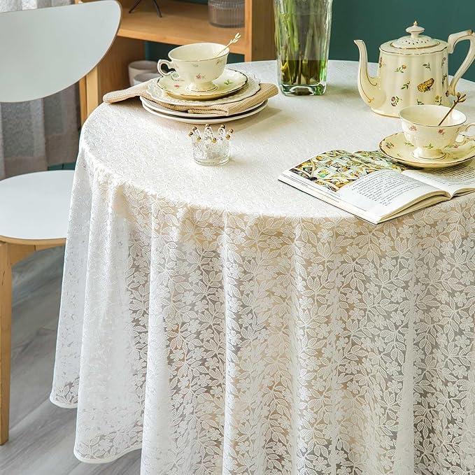 Lace Tablecloth Leaf Pattern Warp Knitting Fabric Solid White Round Table Cover - Image 2