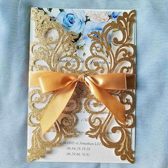 25PCS Gold Glitter Laser Cut Wedding Invitations Cards - Image 4