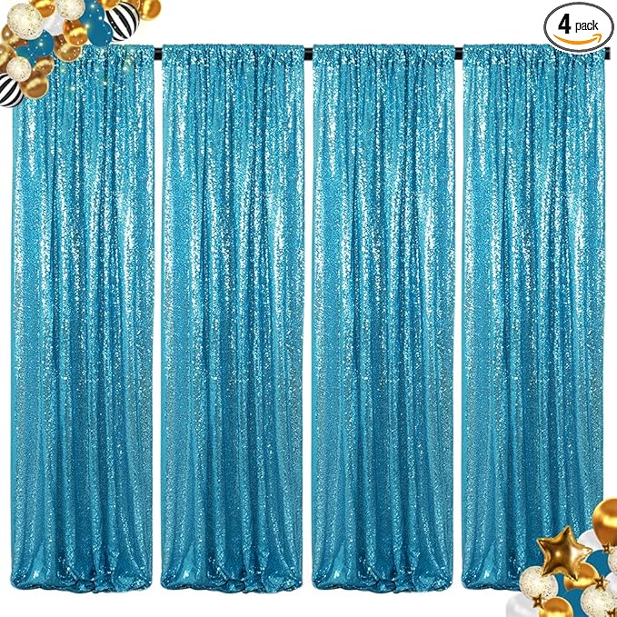 ShinyBeauty Sequin Backdrop Curtains 4 Panels Aqua 2FTx8FT Sequin Fabric Photo by ShinyBeauty
