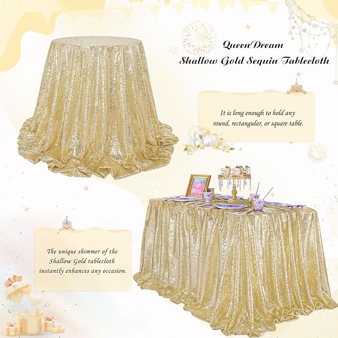 QueenDream Light Gold Party Decorations Sequin Tablecloth: Glitter Overlay - Image 5