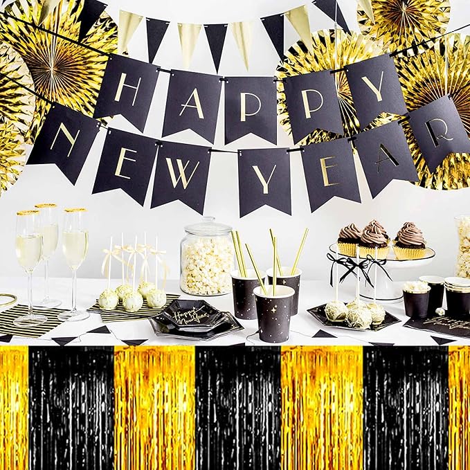 3 Pack 29 x108 Inch Black and Gold Foil Fringe Table Skirts Metallic Banner - Image 4