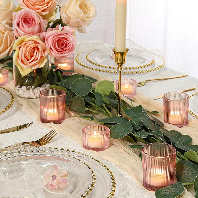 24 Pcs Glass Votive Candle Holders – Assorted Ribbed Pink Tea Light Holders Bulk - Image 5
