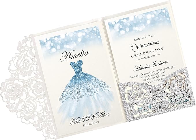 DORIS HOME 50pcs Laser Cut Quinceanera Invitations Silver Glitter, 4.7x7.1 by DorisHome