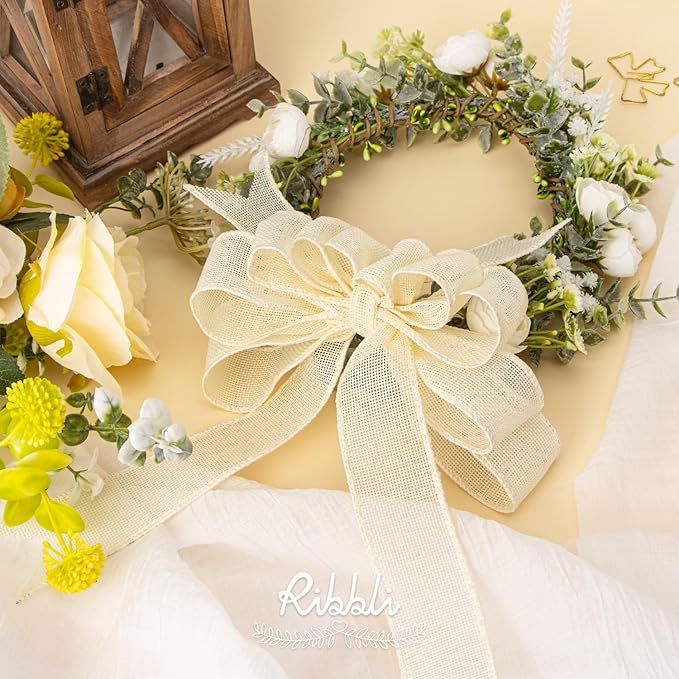 Ribbli Cream Burlap Wired Ribbon, 1-1/2 Inch x 10 Yard, Ivory Wired Burlap - Image 2