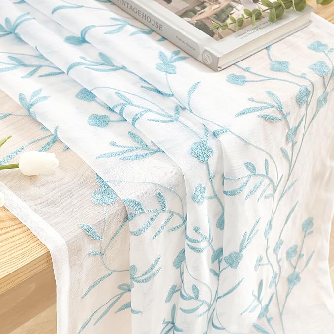 Sheer Curtains White-Blue Embroidery 63 Inch Length Rod Pocket Voile Drapes - Image 6