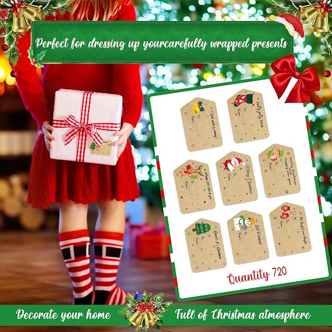 Zonon 720 Pieces Self Adhesive Christmas Gift Tag Xmas Kraft Name Tags Natural - Image 3