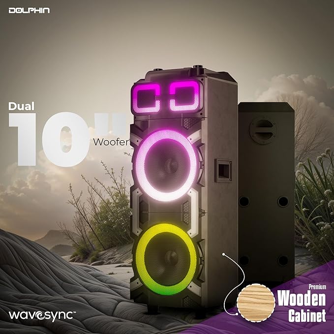 Dolphin High-Power Portable Party Bluetooth Speaker – Wooden Cabinet, LED Lights - Image 8
