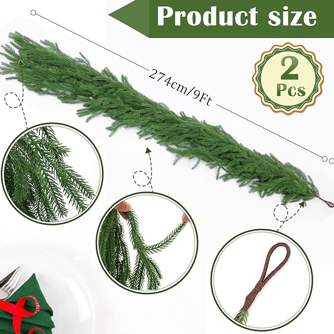 Hananona 2 Pcs 9 Ft Artificial Norfolk Pine Garlands, Real Touch Winter Pine - Image 2