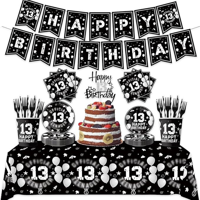123pcs 13th Party Decorations, 13th Silver Black Birthday Banner, Cake Toppers by Egami